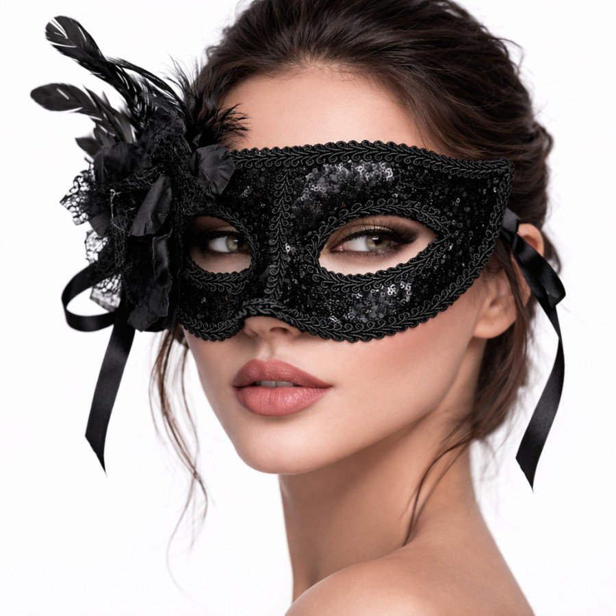 Black Venetian Party Mask – Floral Feathered Sequined