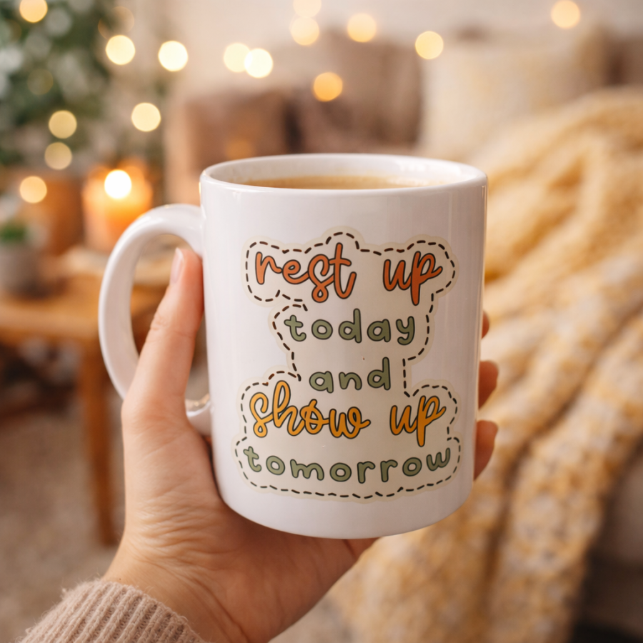 Porcelain Mug with Motivational Message MODEL 146 – “Rest Up Today, Show Up Tomorrow” Written – Coffee & Tea Cup – Gift Idea