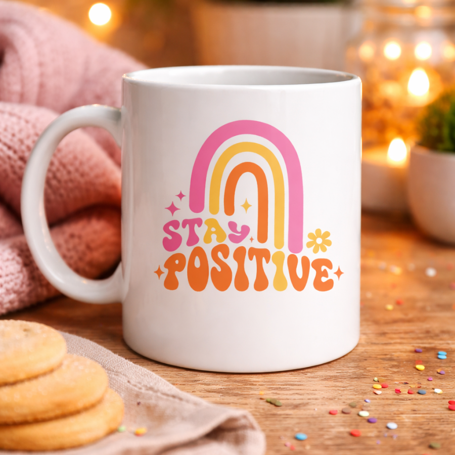 Stay Positive Designed Porcelain Mug MODEL 144 – Colorful Rainbow Patterned, Motivating Coffee & Tea Cup – Gift Mug