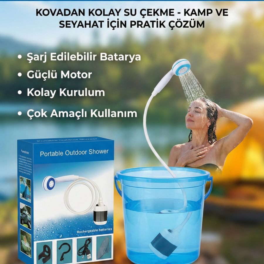 Taşınabilir Şarjlı Seyyar Duş Seti ( Pompa - Hortum - Duş Başlığı )