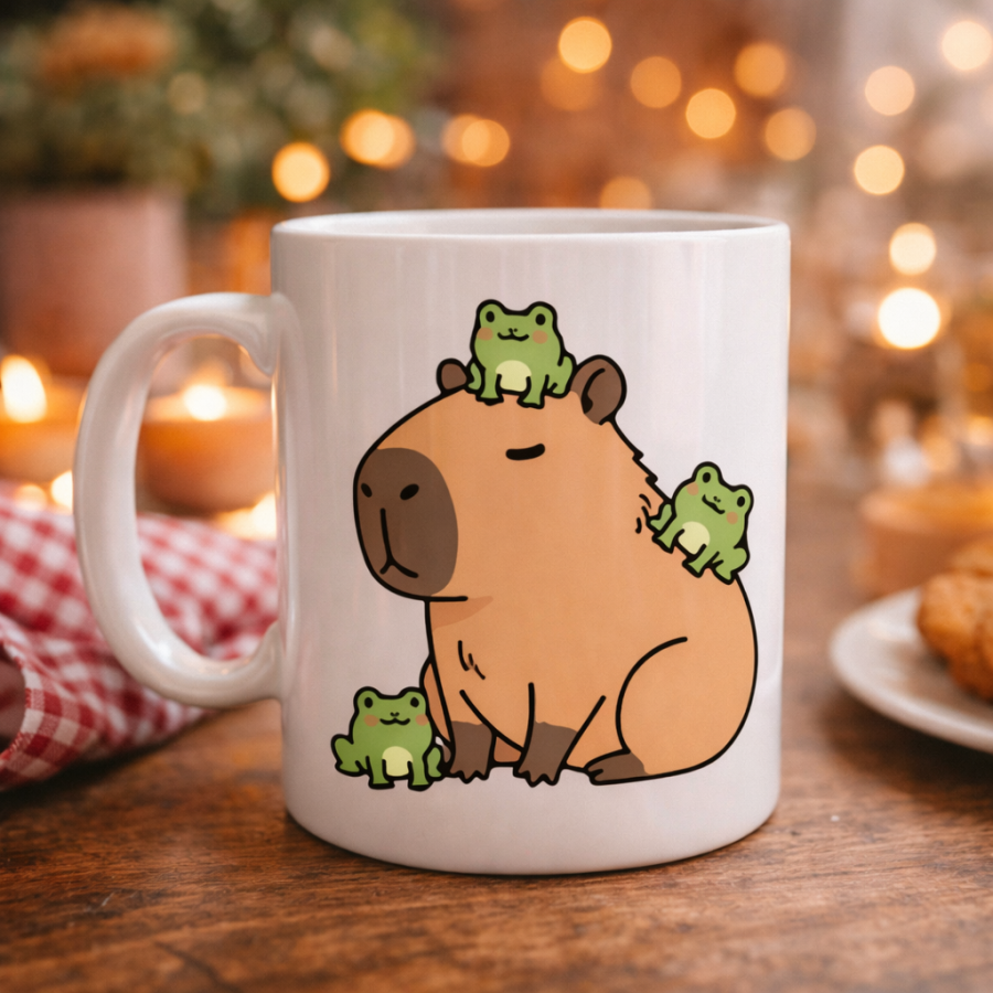 Cute Capybara and Frog Patterned Porcelain Mug MODEL 98 – Fun Design, Coffee & Tea Cup, Gift Idea