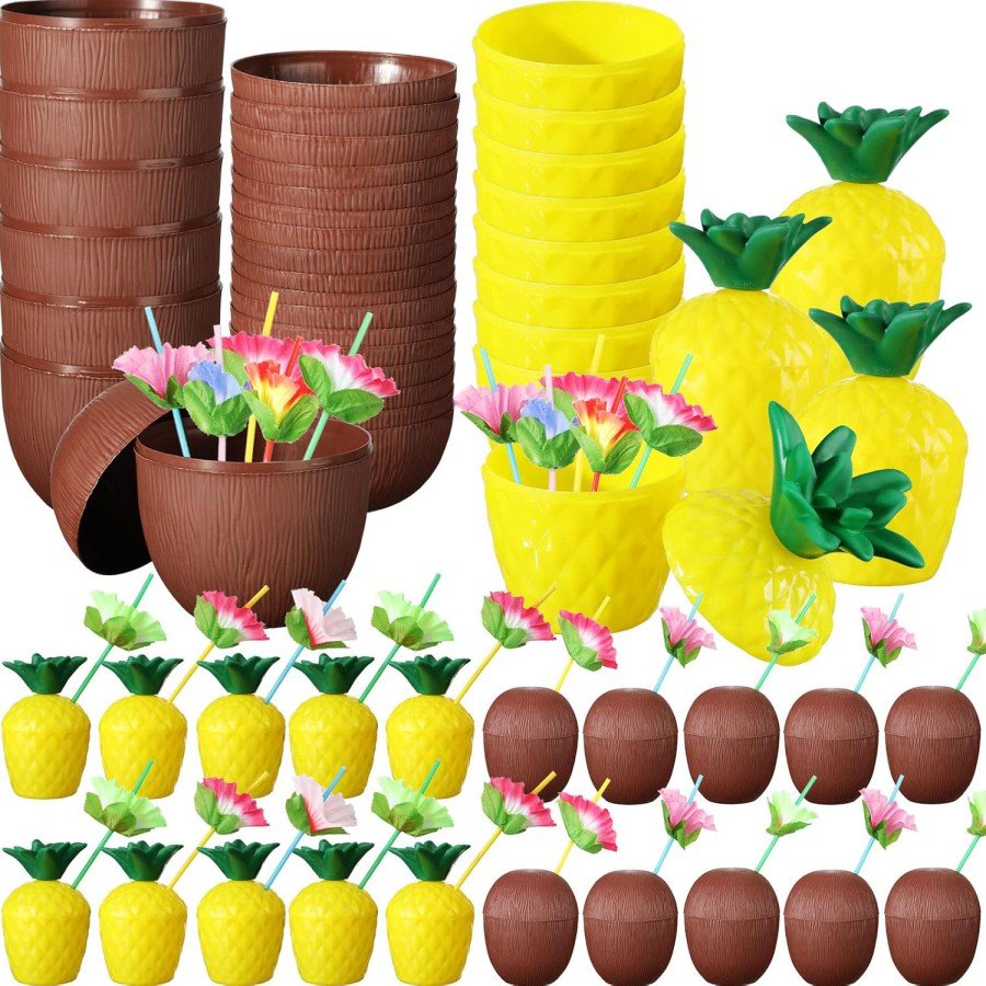 Tropical Party Glass Set – Pineapple and Coconut Shaped Glasses with Straws (20 Pieces)