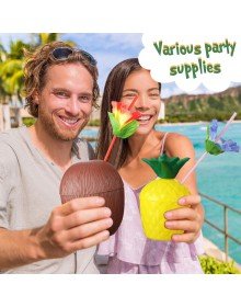 Tropical Party Glass Set – Pineapple and Coconut Shaped Glasses with Straws (20 Pieces)