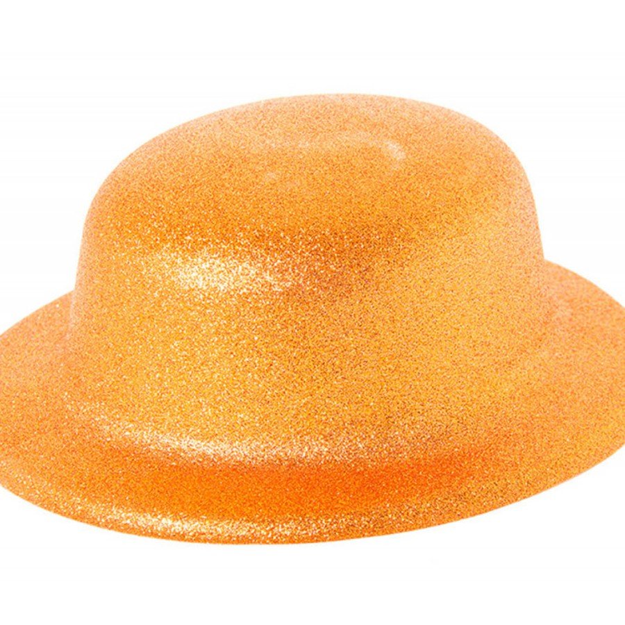 Orange Color Glitter Bowler Round Party Hat 24x26 cm