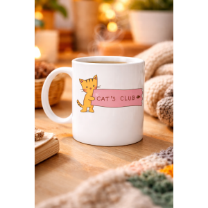 Cat's Club Cat Patterned Porcelain Mug MODEL 68 - Cute Orange Cat Figure, Coffee & Tea Cup, Special Gift for Cat Lovers