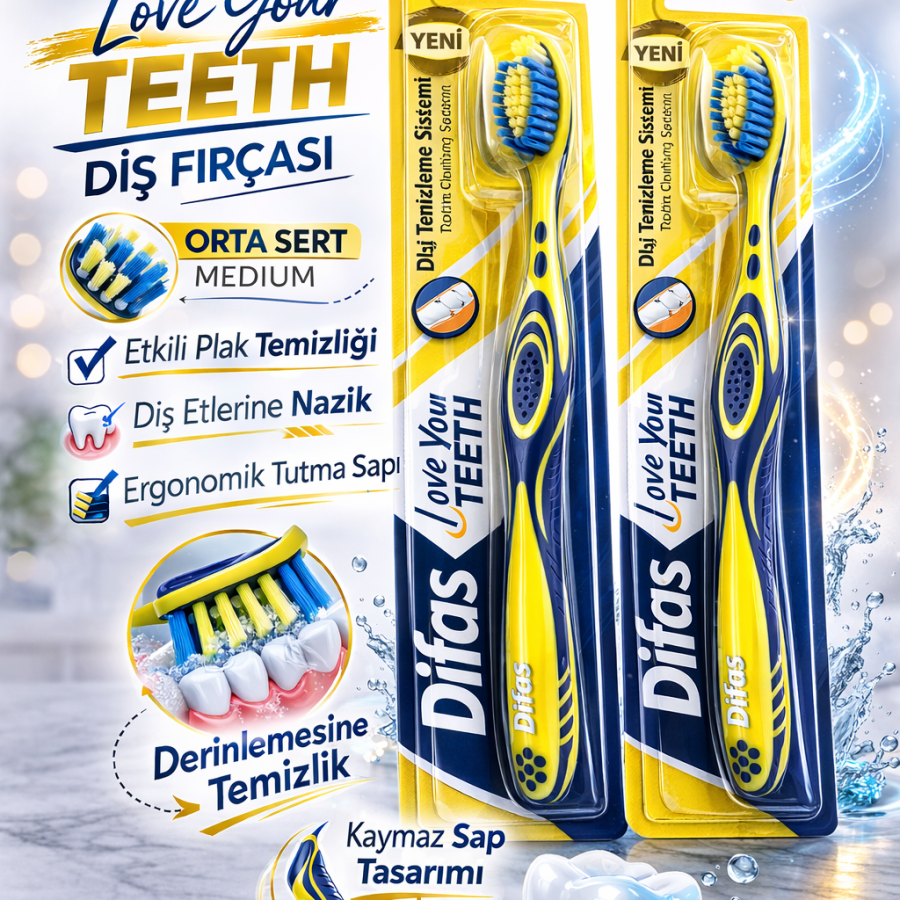 Difaş Love Your Teeth Toothbrush 2 Pieces Medium Hard Medium Manual Toothbrush with Ergonomic Handle