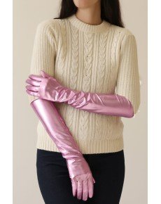 Long Length Extra Shiny Gloves Pink Color Inside Vinlex Leather Elbow Length