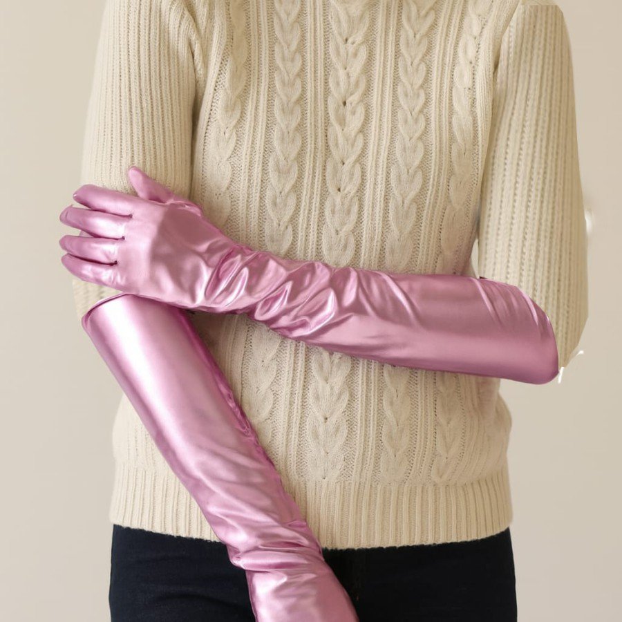 Long Length Extra Shiny Gloves Pink Color Inside Vinlex Leather Elbow Length