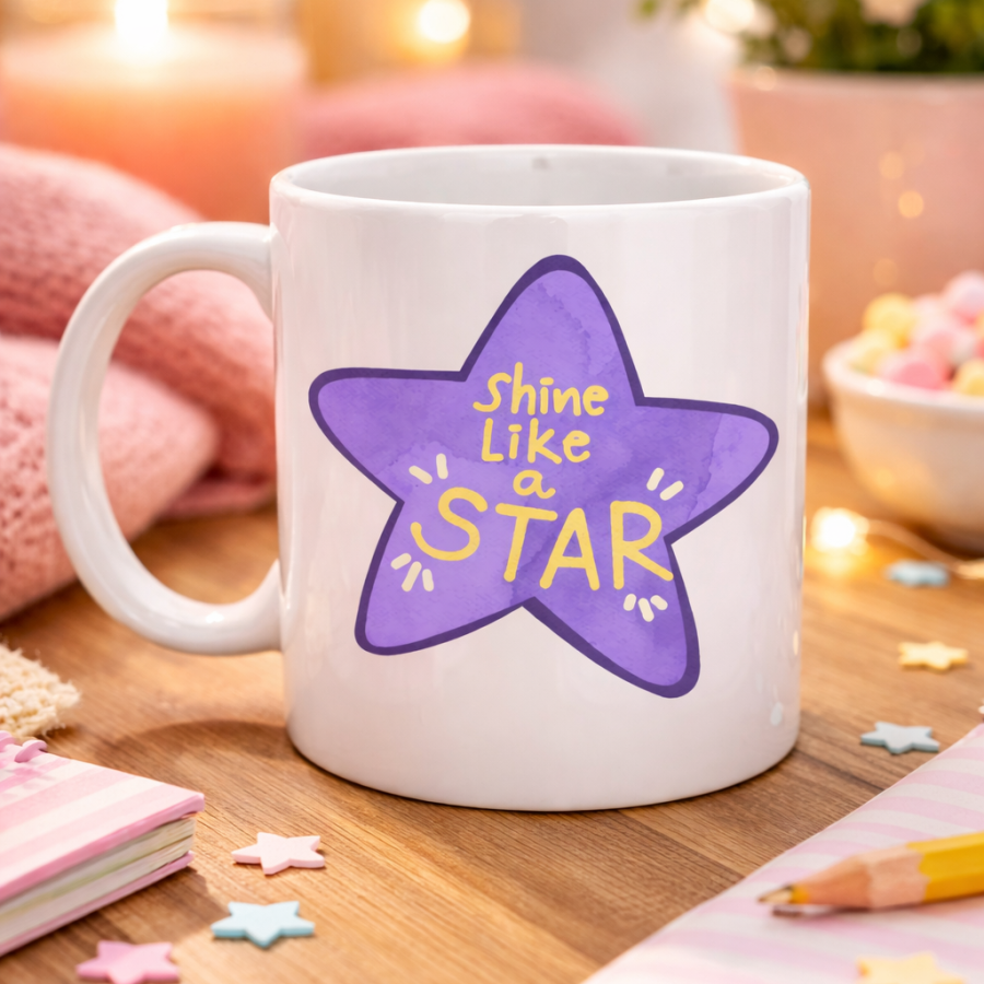 Shine Like a Star – Purple Star Design Porcelain Mug with Motivational Message MODEL 122, Daily Use & Gift Cup