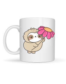 Porcelain Mug Designed with a Sloth Holding a Flower MODEL 107 – Cute Coffee Cup, Gift & Decorative Mug