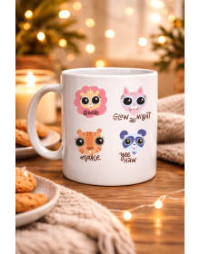 Porcelain Mug with Cute Animal Figure MODEL 70 – Special Edition Mug with “Roar • Glow All Night • Make • Yee Haw” Design