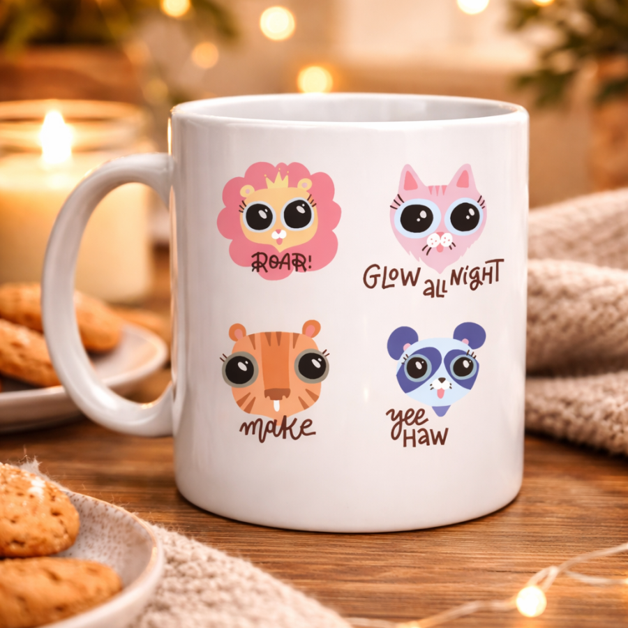 Porcelain Mug with Cute Animal Figure MODEL 70 – Special Edition Mug with “Roar • Glow All Night • Make • Yee Haw” Design