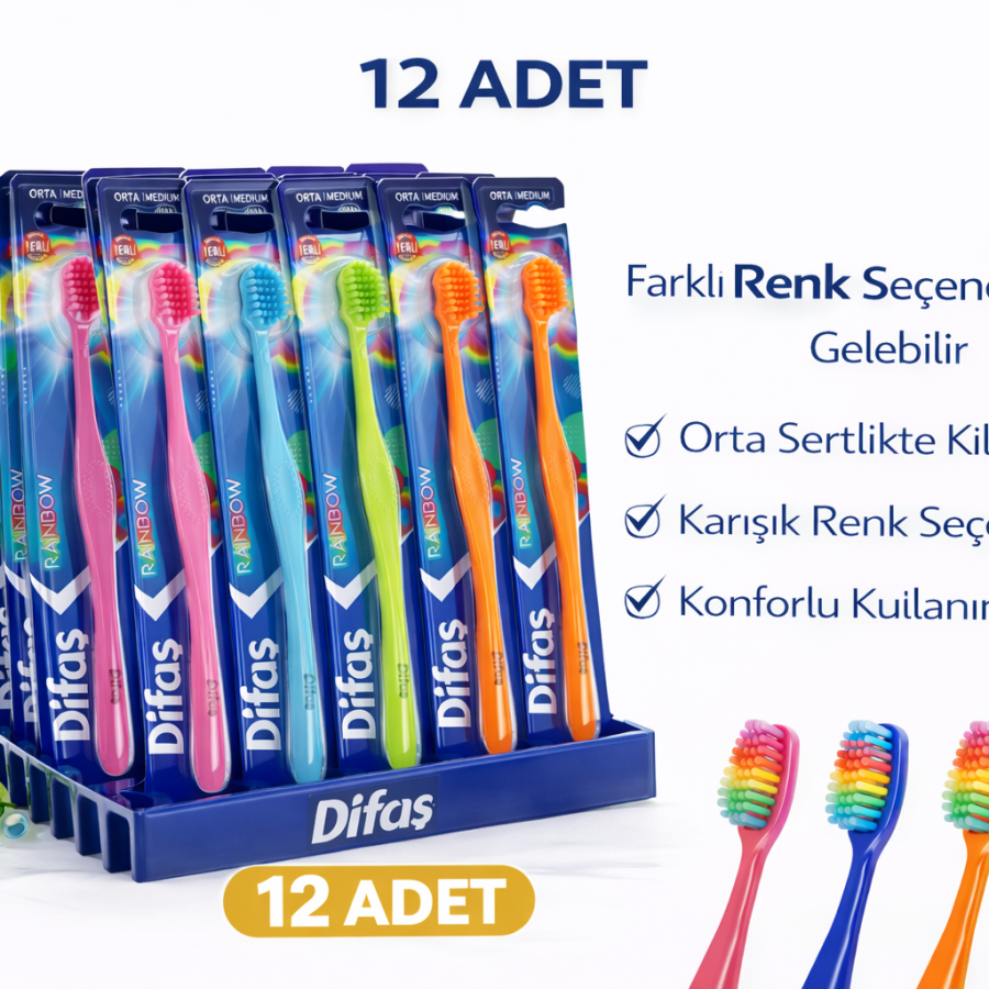 Difas Rainbow Medium Hard Toothbrush Medium 12PCS