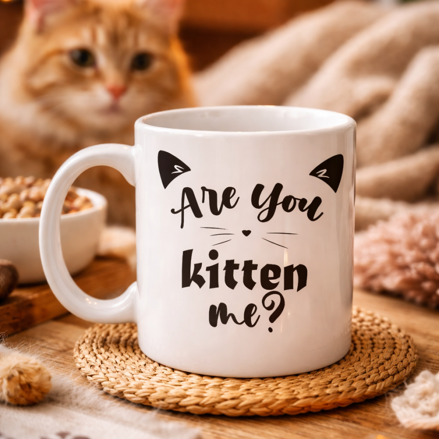 Are You Kitten Me? Written Cat Themed Porcelain Mug MODEL 58 Cute Design, Coffee & Tea Cup