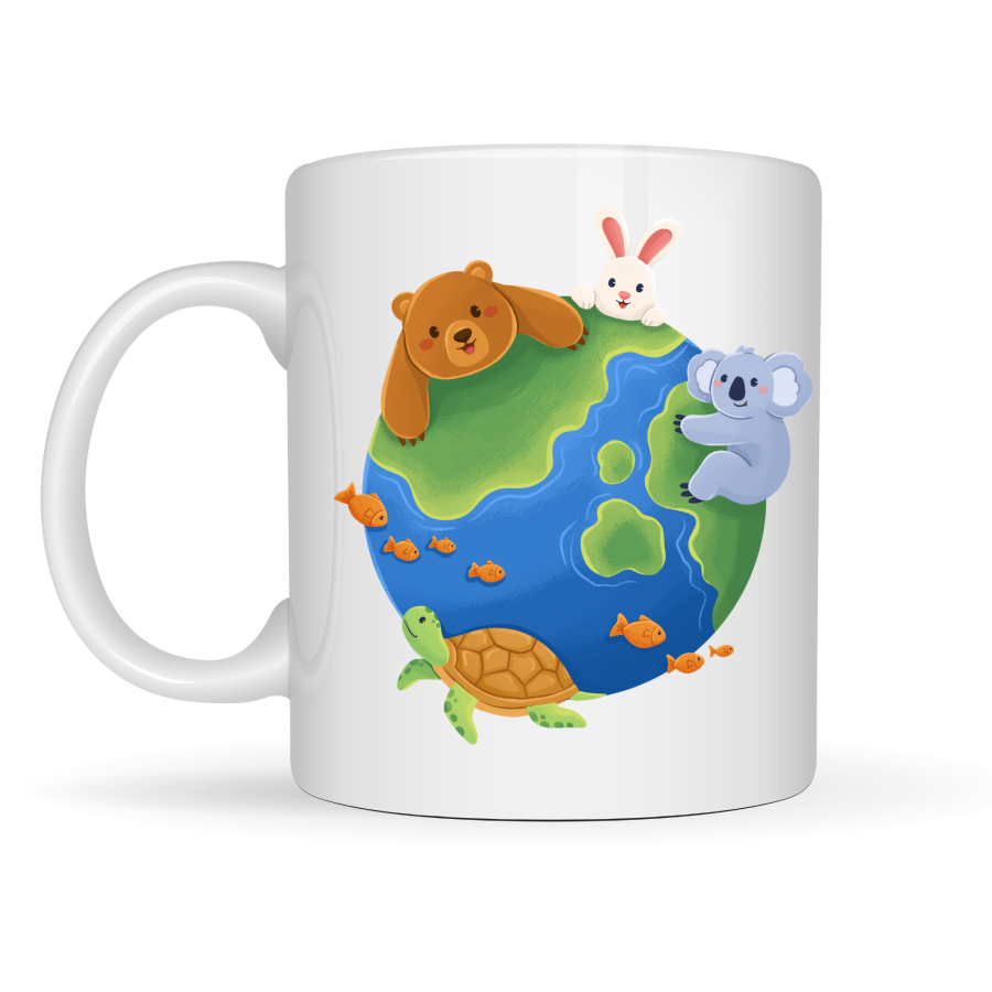 World of Friendship Patterned Porcelain Mug MODEL 74 – Cute Animals Themed, Colorful and Cheerful Design