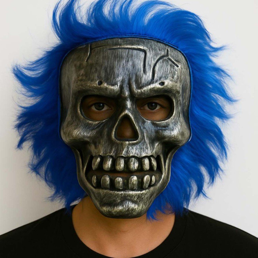 Wild Skull - Silver Skull Blue Hair Skeleton Mask