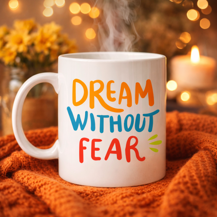 Dream Without Fear Written Porcelain Mug MODEL 139 – Motivational Themed, Colorful Design, Coffee & Tea Cup – Gift Option