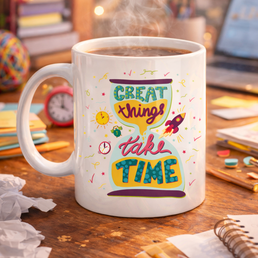 Great Things Take Time Porcelain Mug MODEL 130 – Colorful Mug with Motivational Message, Inspiring Coffee & Tea Cup