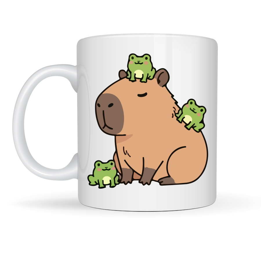 Cute Capybara and Frog Patterned Porcelain Mug MODEL 98 – Fun Design, Coffee & Tea Cup, Gift Idea