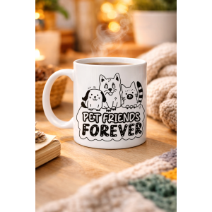 Pet Friends Forever Porcelain Mug MODEL 69 – Cute Design with Cat & Dog Figures, Special Coffee and Tea Cup for Animal Lovers