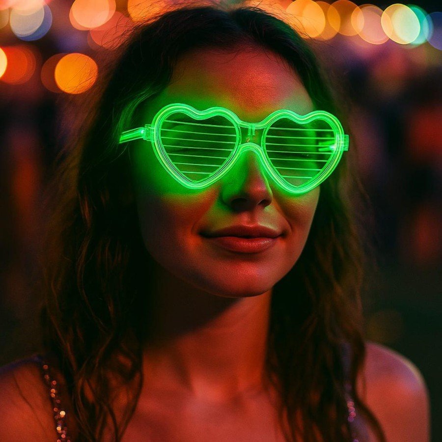 Green LED Lighted Heart Glasses – 3 Mode Party & Glow Glasses
