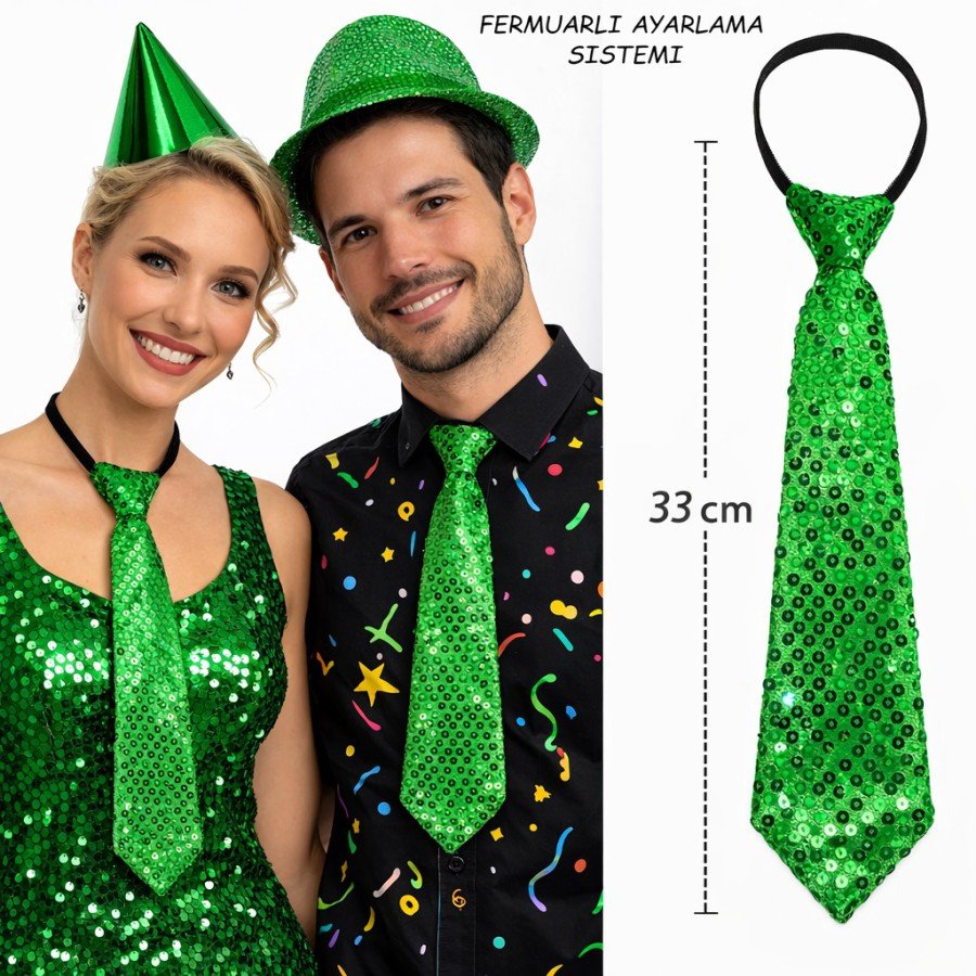 Green Color Sequined Sparkling Party Tie 33 cm