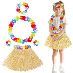 Adult Child Hawaiian Party Set - 40 cm Natural Skirt + Floral Accessories (5 Pieces)