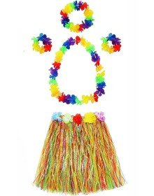 Adult and Child Compatible Luau Aloha Hawaiian Necklace Colorful Skirt Crown and Bracelet Set