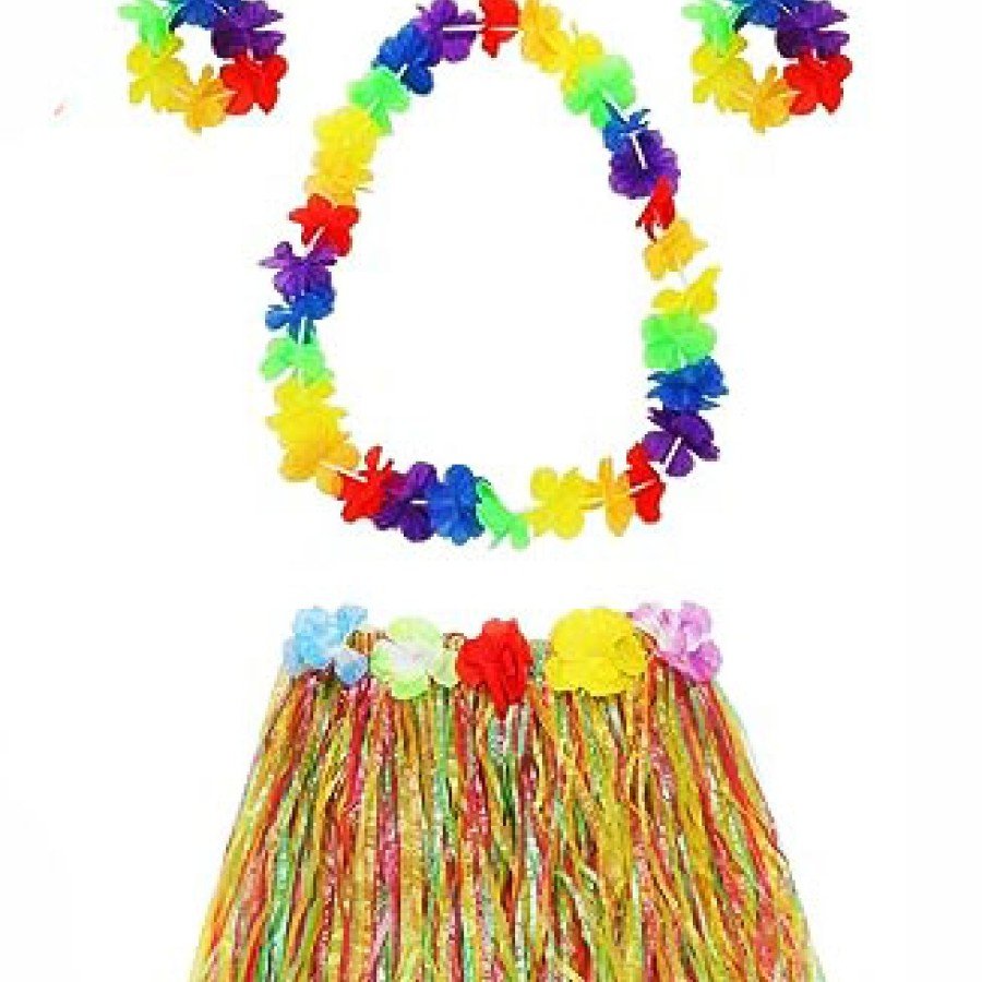 Adult and Child Compatible Luau Aloha Hawaiian Necklace Colorful Skirt Crown and Bracelet Set