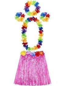 Adult and Child Compatible Luau Aloha Hawaii Pink Skirt and Colorful Necklace Crown 2 Piece Bracelet Set