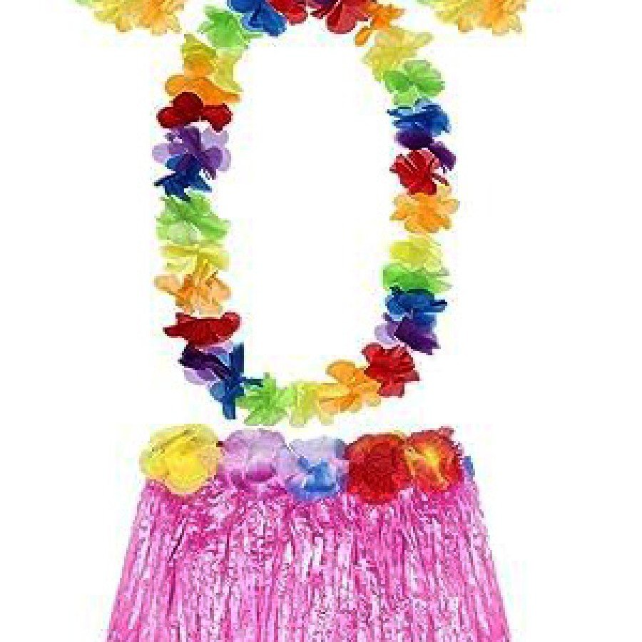 Adult and Child Compatible Luau Aloha Hawaiian Pink Skirt and Colorful Necklace Crown 2 Piece Bracelet Set