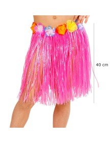 Adult and Child Compatible Pink Color Tasseled Hawaiian Luau Hula Skirt 40 cm