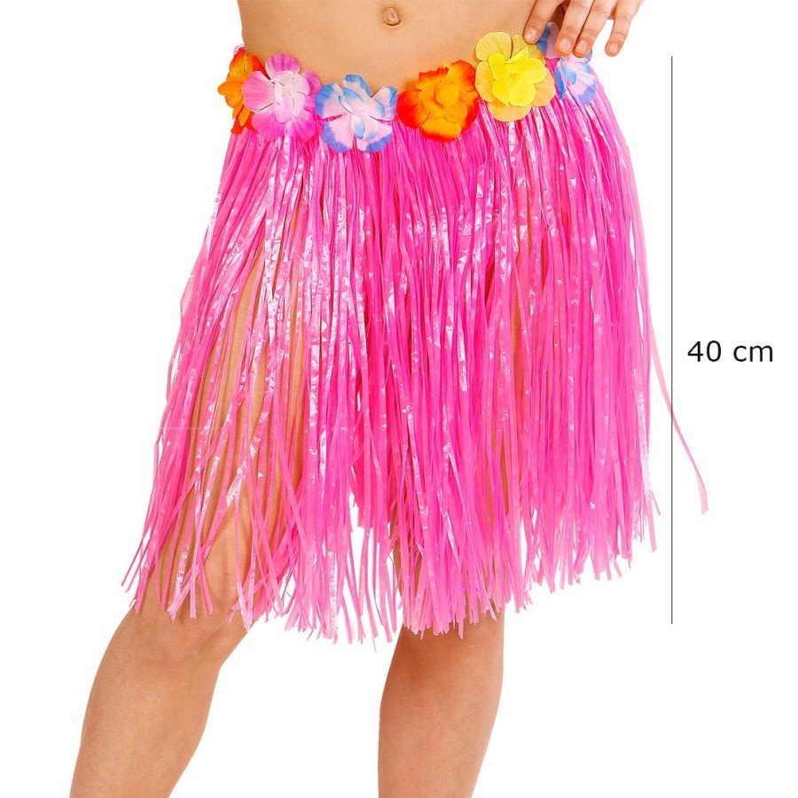 Adult and Child Compatible Pink Color Tasseled Hawaiian Luau Hula Skirt 40 cm