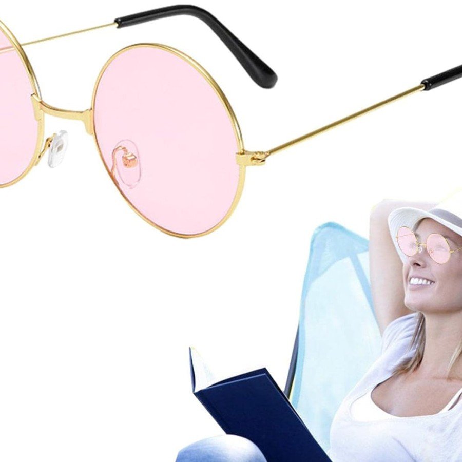 Round Glass John Lennon Style Hippie Gold Framed Pink Glasses