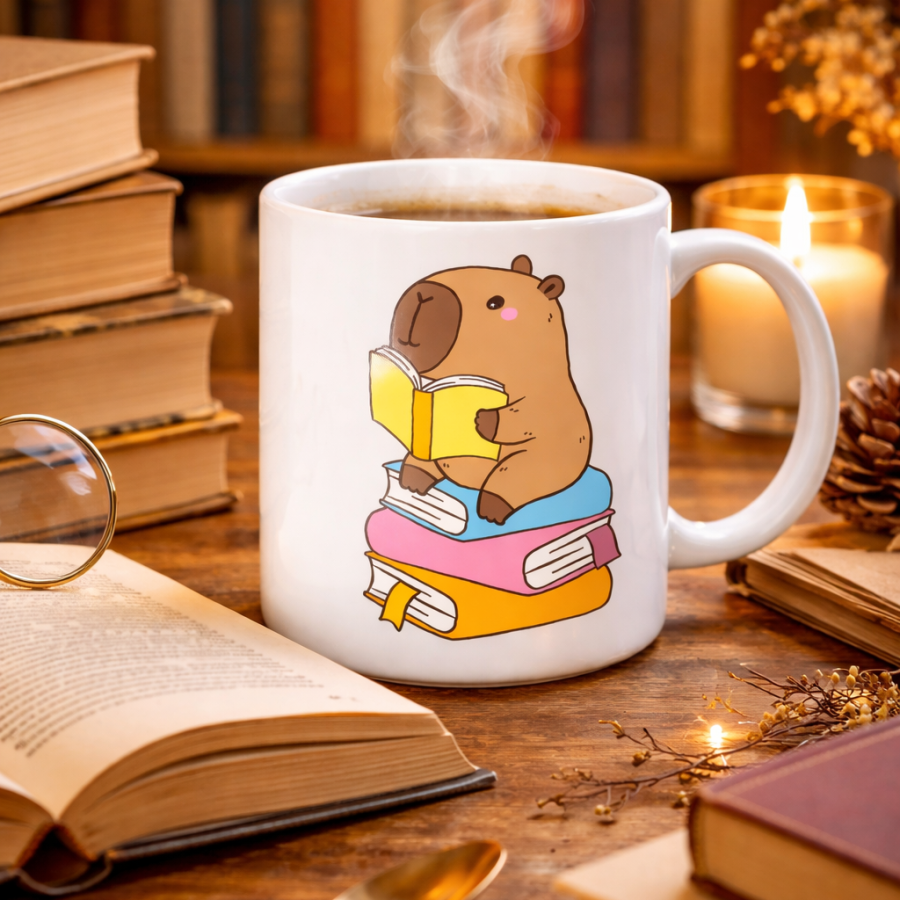 Porcelain Mug with Book Reading Capybara Design MODEL 100 – Warm and Cute Design for Enjoying Coffee & Tea CAPYBARA