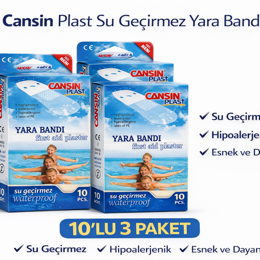 Cansın Plast Waterproof Band-Aid 3 Pack of 10 Waterproof First Aid Plaster