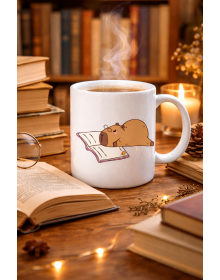 Porcelain Mug with Book Reading Capybara Design MODEL 99 – Cute Design for Enjoying Warm Coffee