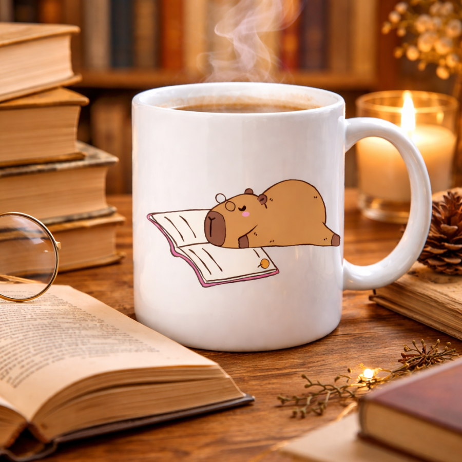 Porcelain Mug with Book Reading Capybara Design MODEL 99 – Cute Design for Enjoying Warm Coffee