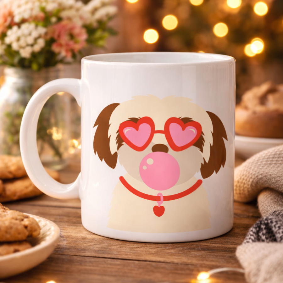 Shih Tzu Designed Porcelain Mug with Heart and Glasses MODEL 53 – Coffee & Tea Cup with Cute Dog Figure