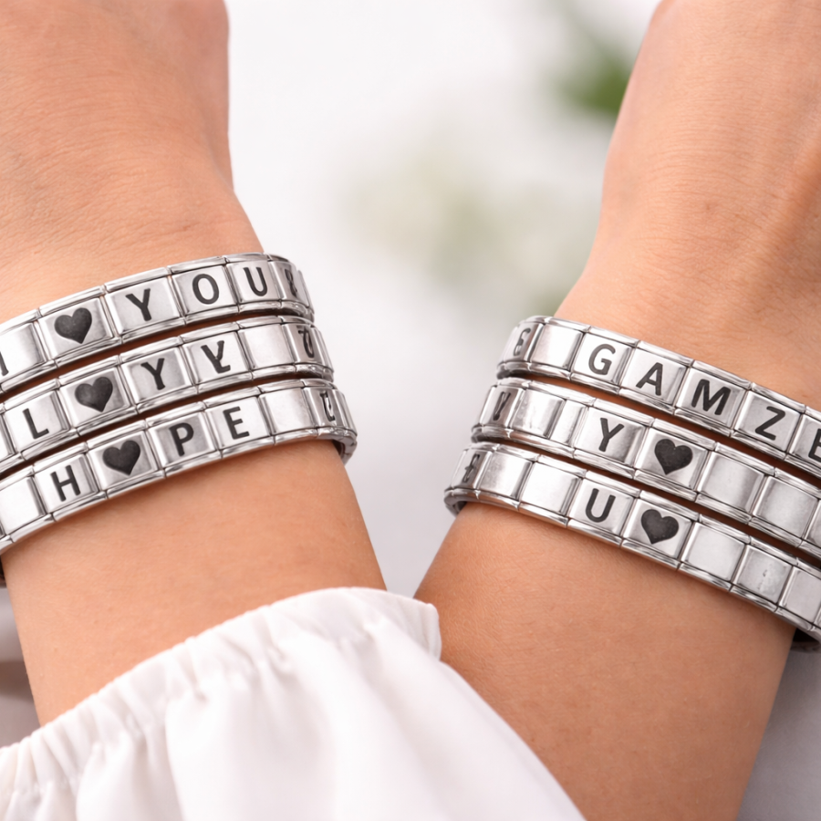 Customizable Steel Bracelet - Stainless Steel Bracelet with Lettered Charm Module - Special Design with Name Written Customizable Steel Bracelet - Stainless Steel Bracelet with Lettered Charm Module - Special Design with Name Written