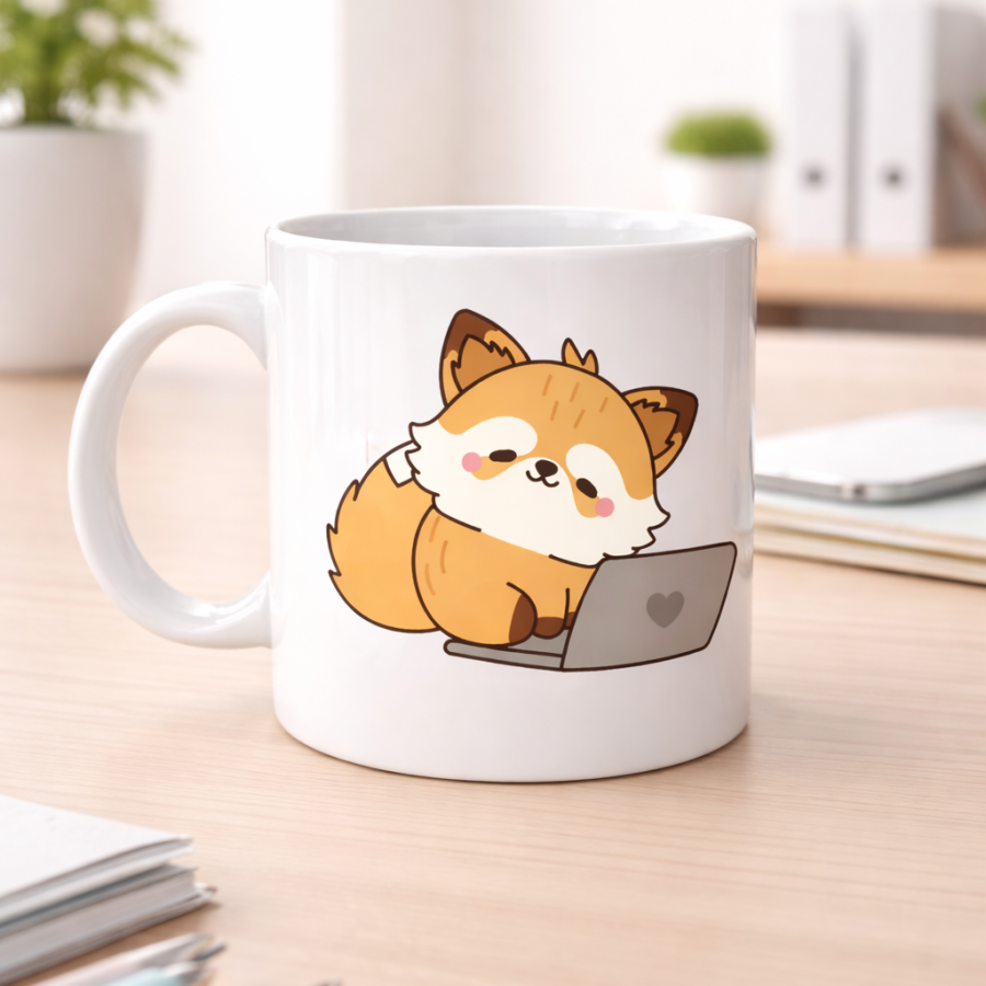 Porcelain Mug with Cute Fox Design MODEL 115 – Coffee Cup with Laptop and Sweet Fox Figure for Office & Home Use Porcelain Mug with Cute Fox Design MODEL 115 – Coffee Cup with Laptop and Sweet Fox Figure for Office & Home Use