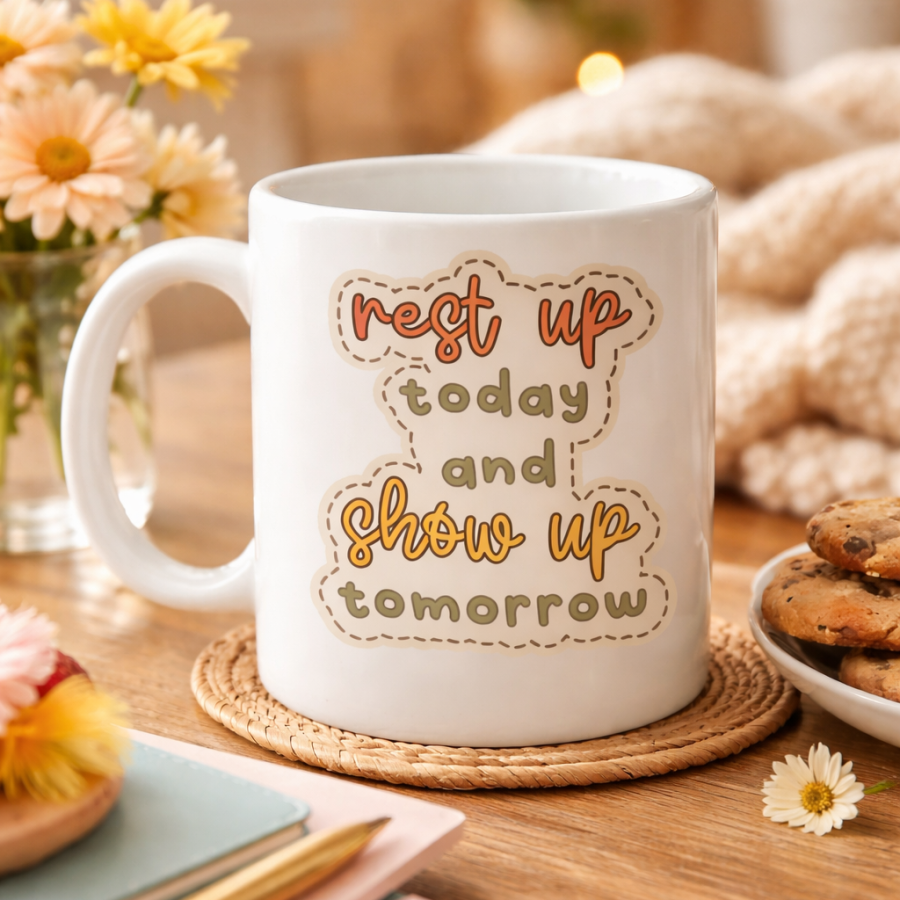Porcelain Mug with Motivational Message MODEL 146 – “Rest Up Today, Show Up Tomorrow” Written – Coffee & Tea Cup – Gift Idea